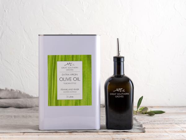 Great Southern Groves 3L tin with refillable bottle Extra Virgin Olive oil in a 3L tin and decorative 500ml bottle for refilling